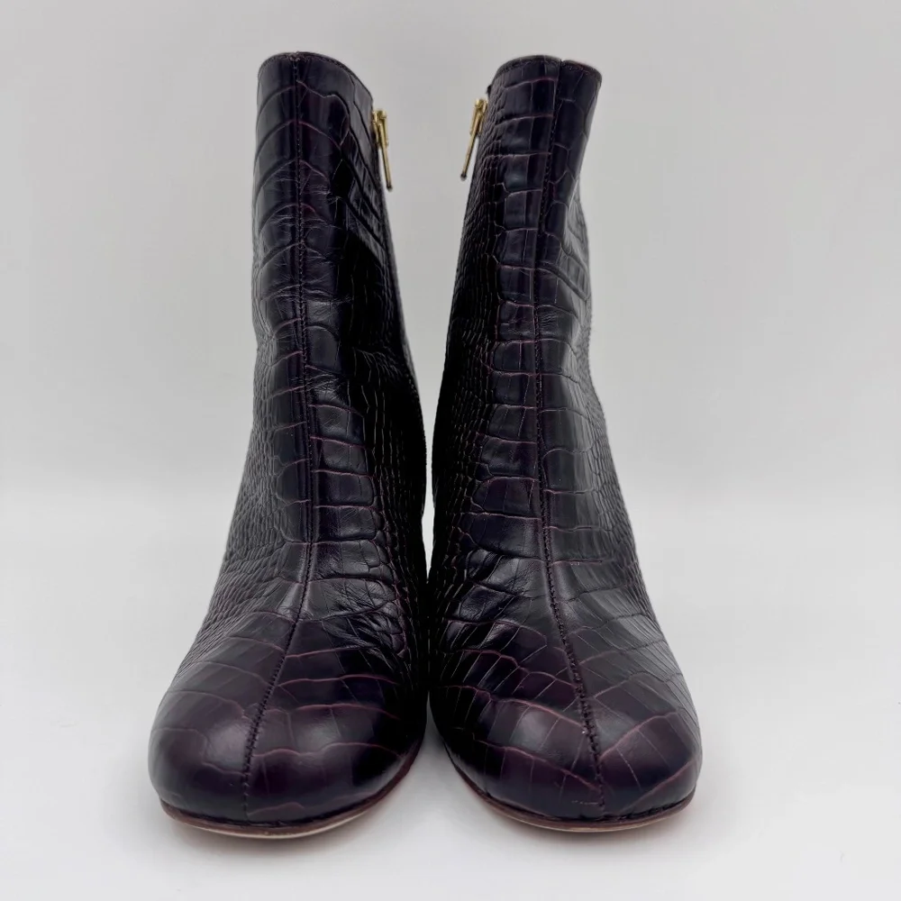 EUC J. Crew Stamped Croc Zip Women's Brown Leather Ankle Booties - Size‎ 5.5